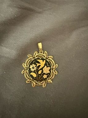 Vintage Gold tone Damascene Filigree framed BIRD Pendant